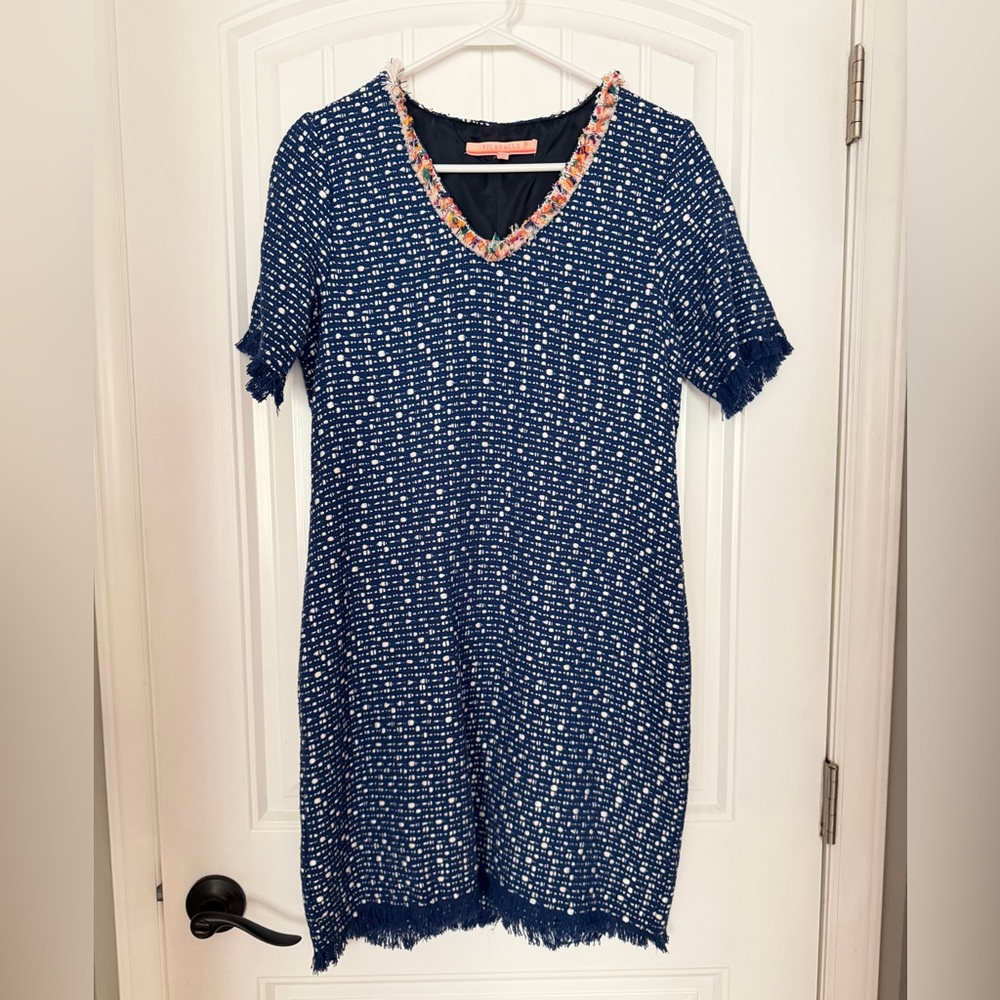 Vilagallo Navy and White Tweed Dress with Multicolor Trim and Fringe